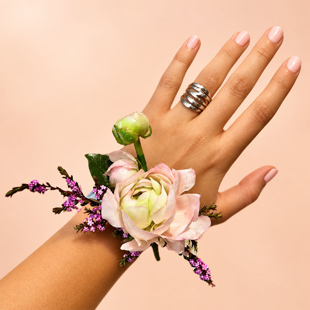 Formal corsage with pink ranuncula